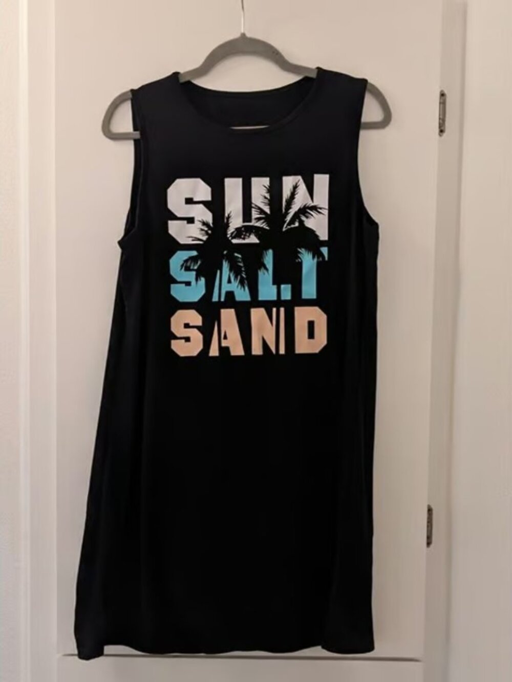 Sun Salt Sand Graphic Black Sleeveless Tank Dress Casual Beach Style M